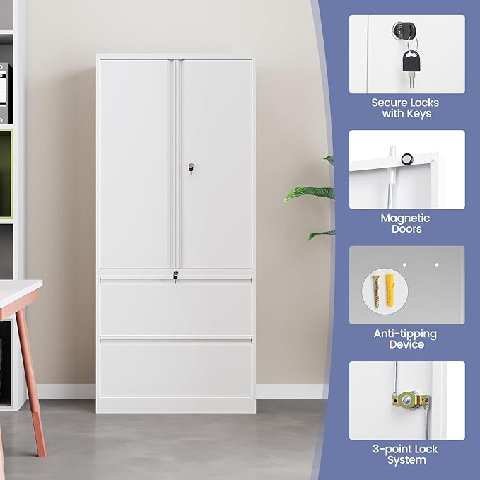 2 Drawer Lateral File Cabinet, Office Storage Cabinet with 2 Wide&Deep Drawers and Locking Doors, White Metal Cabinet with Adjustable Shelves for Home Office, Fits A4/Letter/Legal Size Folders