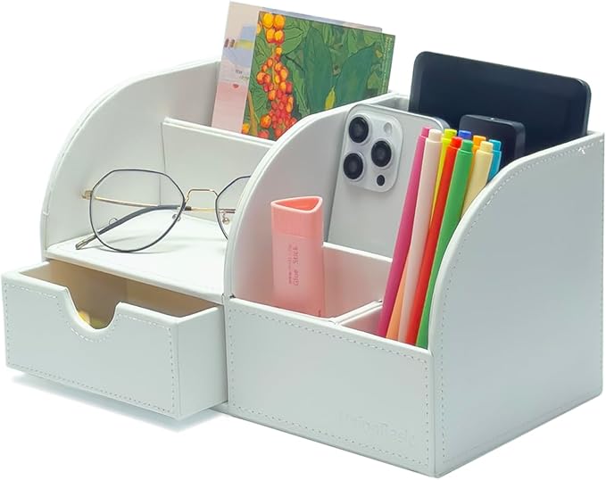 UnionBasic Desk Organizer - Multifunctional Leather Desktop Pen Holder Storage Box - Business Card/Pen/Pencil/Mobile Phone/Stationery Holder, White