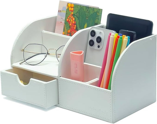 UnionBasic Desk Organizer - Multifunctional Leather Desktop Pen Holder Storage Box - Business Card/Pen/Pencil/Mobile Phone/Stationery Holder, White