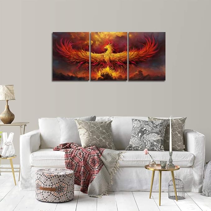 Fire Phoenix Wall Art Prints Volcanic Burning Phoenix Birds Canvas Picture Posters Prints Artwork 3 Piece Home Office Living Room Bedroom Decor Framed Ready to Hang - 36" W x 16" H