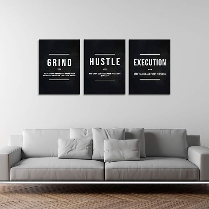 Motivational Office Wall Decor Inspirational Success Canvas Wall Art Hustle Posters Prints Entrepreneur Quote Wall Picture Paintings 3 Pieces Artwork Home Bedroom Framed Easy to Hang(60”Wx28”H)