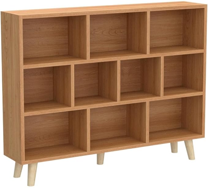 IOTXY Wooden Open Shelf Bookcase - 3-Tier Floor Standing Display Cabinet Rack with Legs, 10 Cubes Bookshelf, Pear Yellow