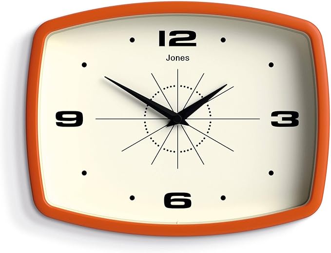 JONES CLOCKS® Movie wall Clock | Retro Rectangular Clock | 10 inch | Orange | Cool mid-Century Designer Look for Kitchen, Living Room or Office