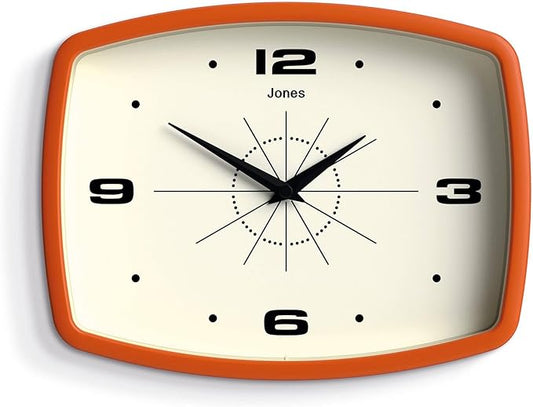 JONES CLOCKS® Movie wall Clock | Retro Rectangular Clock | 10 inch | Orange | Cool mid-Century Designer Look for Kitchen, Living Room or Office