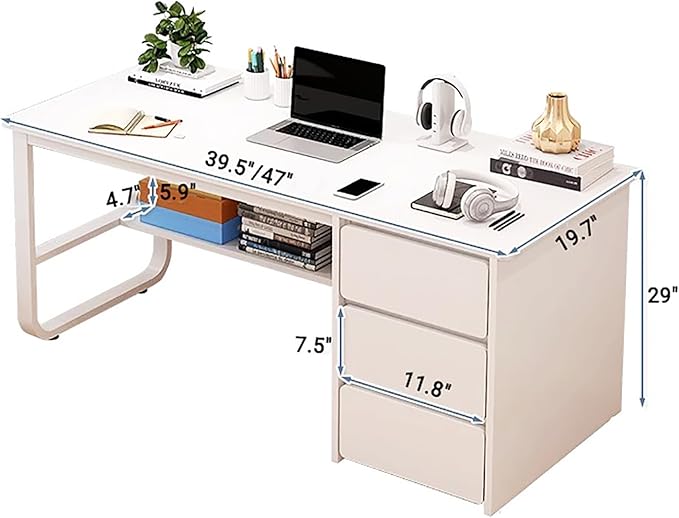 Computer Desk with Drawers & Storage Shelves,Modern Home Office Desk Study Desk Writing Desk for Bedroom,Wooden Corner Desk Small Pc Table with Metal Base(39.5" W x 19.5" D x 29" H, Brown)