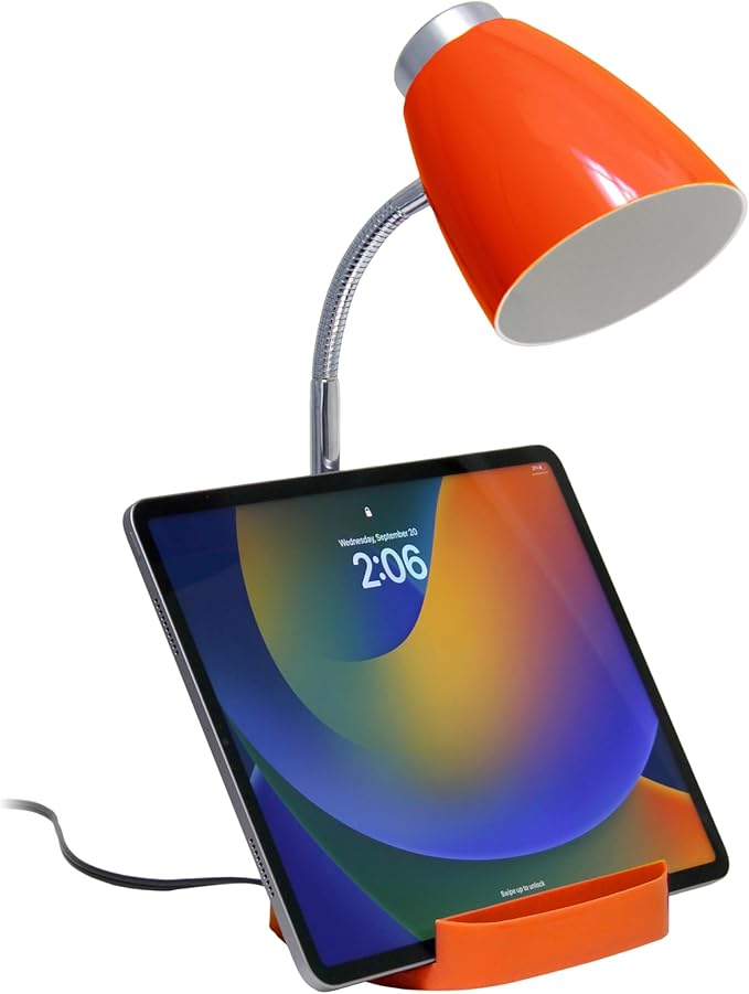 Simple Designs LD1067-ORG Compartmental Desk Lamp with iPhone/iPad/Tablet Stand, Bendable Gooseneck, for Office, Living Room, Nightstand, Library, Entryway, Orange