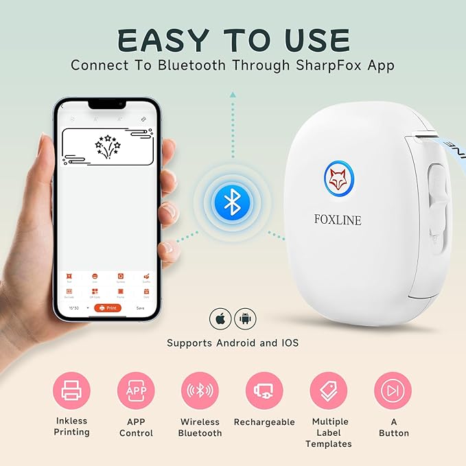 FOXLINE F10 Label Maker Machine with Blue Tape, Portable Bluetooth Thermal Mini Label Printer, Rechargeable Sticker Maker, Inkless Labeler for Home, School, Kitchen, Office Organization, White
