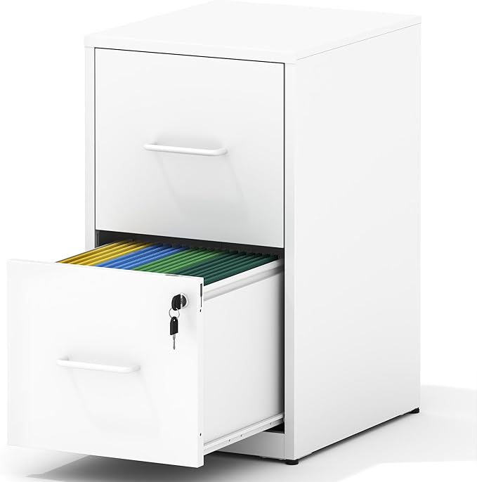 2 Drawer File Cabinet, Vertical File Cabinets with Lock for Home Office,Heavy Duty Office Steel Filing Cabinet for Hanging Letters/Legal/A4, Assembly Required (White)
