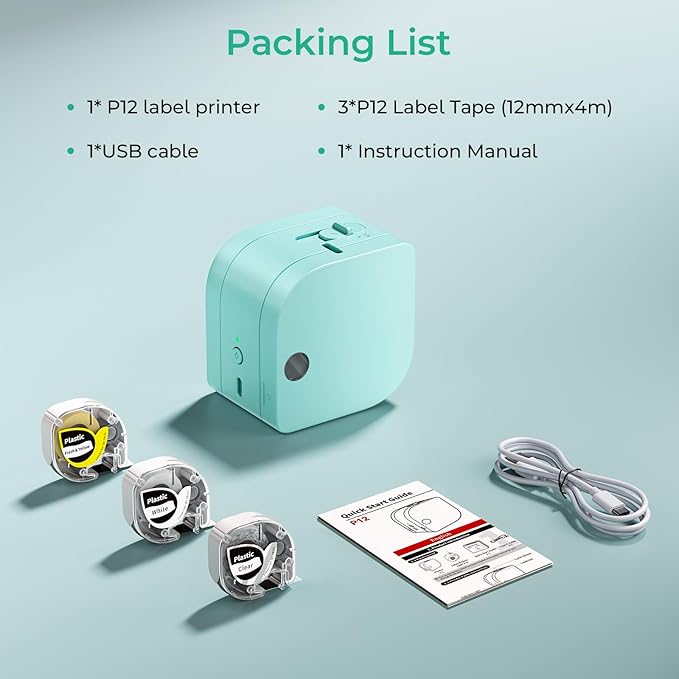 Phomemo Label Maker Machine with 3 Tapes, P12 Small Bluetooth Mini Label Makers with Multiple Templates Ribbon Printer Machine for Kid School Items, Home, Cloth Name Tag, Gift Wrap, Green