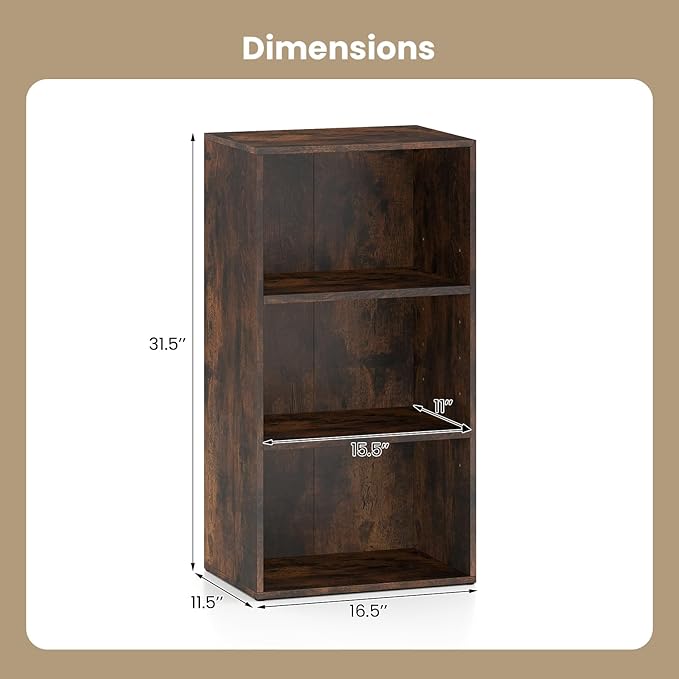 Giantex 3 Shelf Bookcase, Book Shelves Cube Storage Organizer, Open Storage Cabinet Multi-Functional Home Office Bedroom Furniture Display Bookcases, Rustic Brown