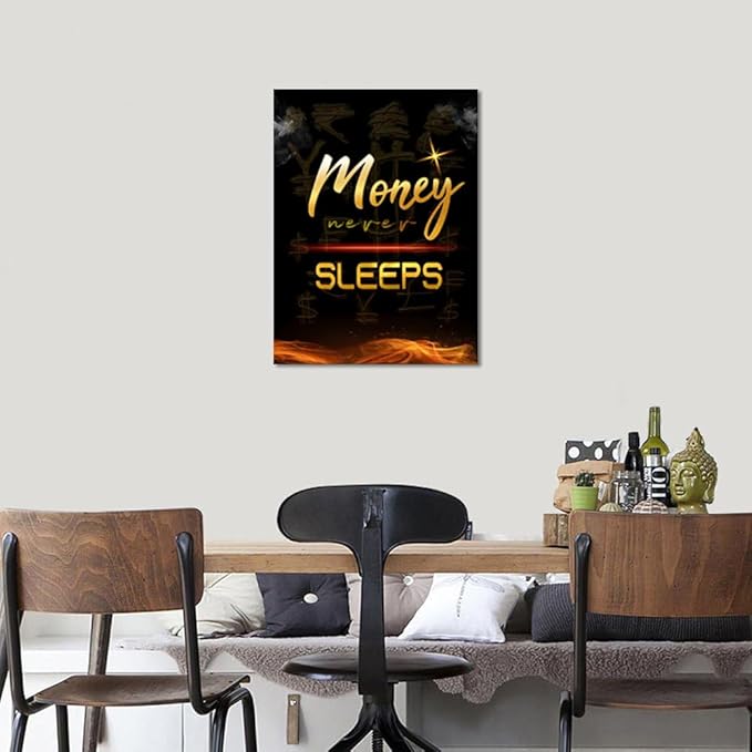 Modern Home Decor Motivational Poster Money Never Sleeps Black and White Inspiring Office Art Workplace Teamwork Artwork Wooden Framed Easy to Hang-24x36 inch
