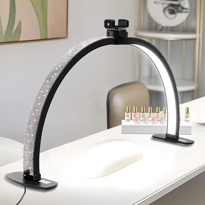 Half Moon Light for Nail Desk with Phone Holder, 29IN Folding Half-Moon Light with Shinning Diamond, LED Lamp for Nail Art, Eyelash Extension, Tattooing, Skin Management, Color Temperature 3000-6500K