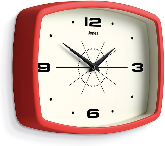 JONES CLOCKS® Movie Wall Clock | Rectangular Retro Clock | 25cm | Red | Cool mid-Century Designer Look for Kitchen, Living Room or Office