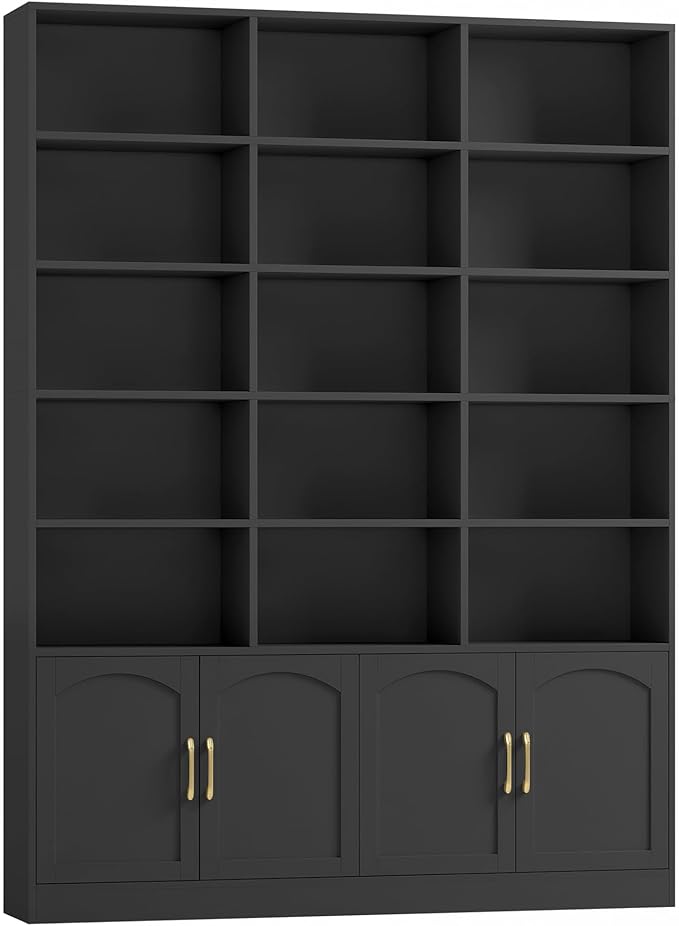FACBOTALL 82.3" Triple Wide Bookshelf, 7-Tier Tall Bookcase with 15-Cube Open Bookshelf & 4 Doors, Large Bookshelf with Storage Cabinet, Modern Bookshelf for Living Room, Office, Study Room, Black