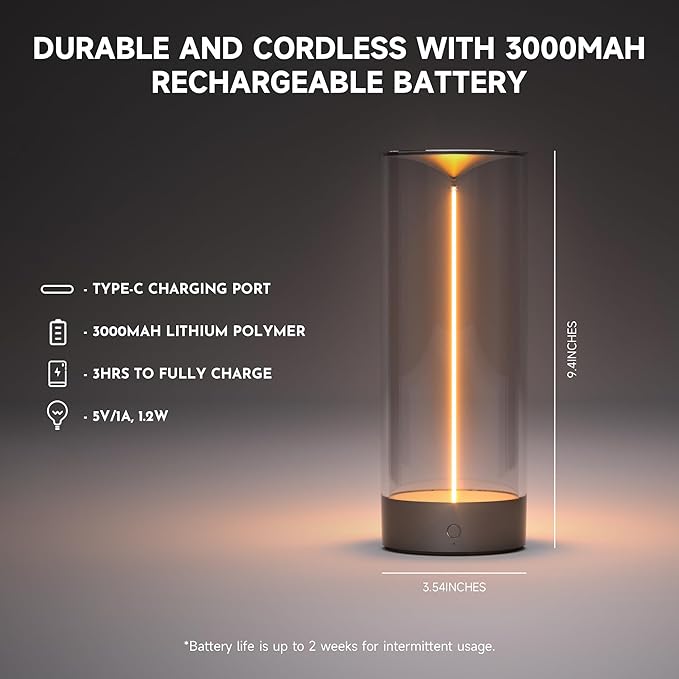 AUGE LIGHT Minimalist Desk Lamp Cordless Table Lamp LED Rechargeable Modern Nightstand Lights Dimmable with 3 Levels for Gaming, Home Office, Bedroom, Living Room, Kitchen, Bar