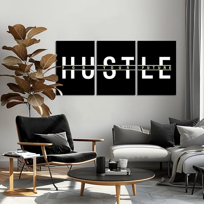 3 Panel Inspirational Office Wall Art - Black and White Canvas Painting Hustle For Your Future Motivational Poster Modern Entrepreneur Artwork Framed Print for Living Room Workplace Home, 20"x 28"x 3