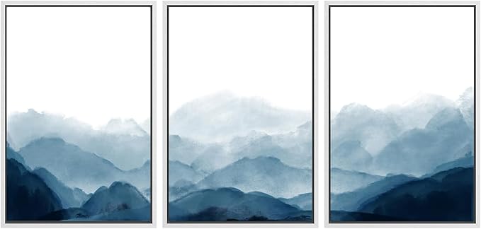 SIGNWIN Framed Canvas Print Wall Art Blue Watercolor Mountains in Fog Nature Wilderness Modern Art Cool for Living Room, Bedroom, Office - 24"x36"x3 White