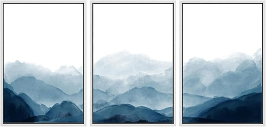SIGNWIN Framed Canvas Print Wall Art Blue Watercolor Mountains in Fog Nature Wilderness Modern Art Cool for Living Room, Bedroom, Office - 24"x36"x3 White