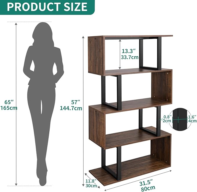 YITAHOME 5-Tier Bookshelf, S-Shaped Z-Shelf Bookshelves and Bookcase, Industrial Freestanding Multifunctional Decorative Storage Shelving for Living Room Home Office, Retro Brown