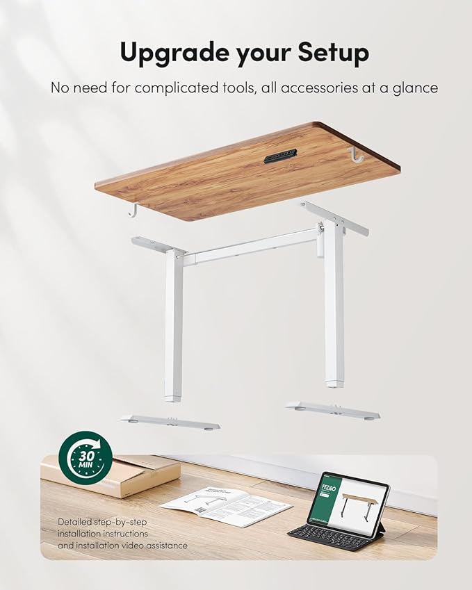 CubiCubi 40 x 24 Small One-Piece Standing Desk, Adjustable Height Electric Computer Sit Stand up Home Office Workstation, with 4 Memory Presets, Headphone Hook, Light Rustic