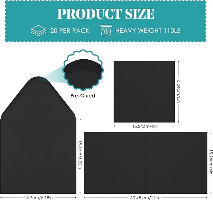 20 PK Black Cards with Envelopes 300GSM Plain Greeting Cards Black Square Envelopes Heavyweight Cardstock Paper for Invitations Card Making All Occasions