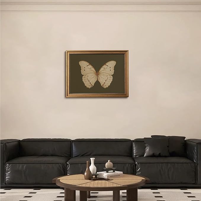 Gold Framed Wall Art Vintage Butterfly Canvas Wall Art White Butterfly Moody Insect Artwork Prints Picture for Living Room Bedroom Farmhouse Bathroom Office Decor, 16x24