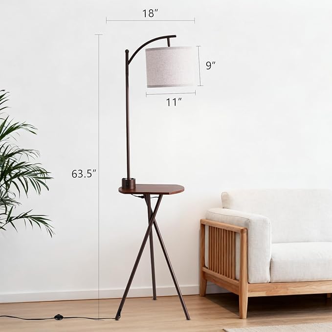 Floor Lamp with Oval Side Table, 3 Color Temperature 9W LED Bulb, Remote and Foot Switch Control, USB A and C Ports, Dual AC Outlets, 1-Hour Timer, Modern Lamp for Living, Bedroom, Brown