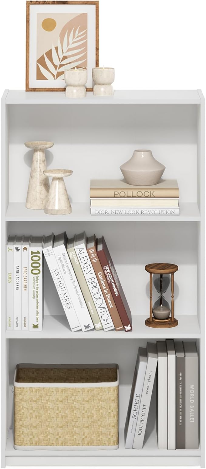 Furinno Basic Book Shelf, 3-Tier Modern Bookshelf, Bookcase with Open Shelves, 9.3 x 21.8 x 39.5, for Living Room, Bedroom, Home Office, White