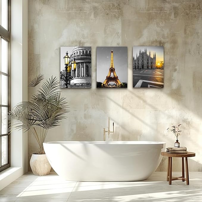 Black and white Architectural landscape Canvas Wall Art for Living Room kitchen Wall Artworks Bedroom Decoration, 3 Piece framed bathroom Home Wall decor posters Yellow Eiffel Tower wall painting