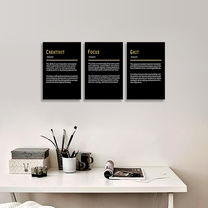 Motivational Wall Art CREATIVITY FOCUS GRIT Noun 3 Pieces Positive Canvas Poster Inspirational Quotes Decor that Drive Success for Office Home Bedroom Workplace Framed Ready to Hang [48''Wx 24''H]
