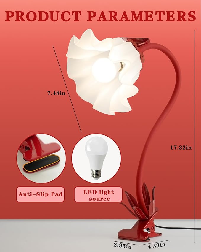 Flower Lamp Clip on Light, 3 Color Modes Eye-Caring Desk Lamp with Clamp, Dorm Room Essentials, Flexible Neck Reading Clamp Lamps for College Bedside Bookshelf Studying Room (Red)