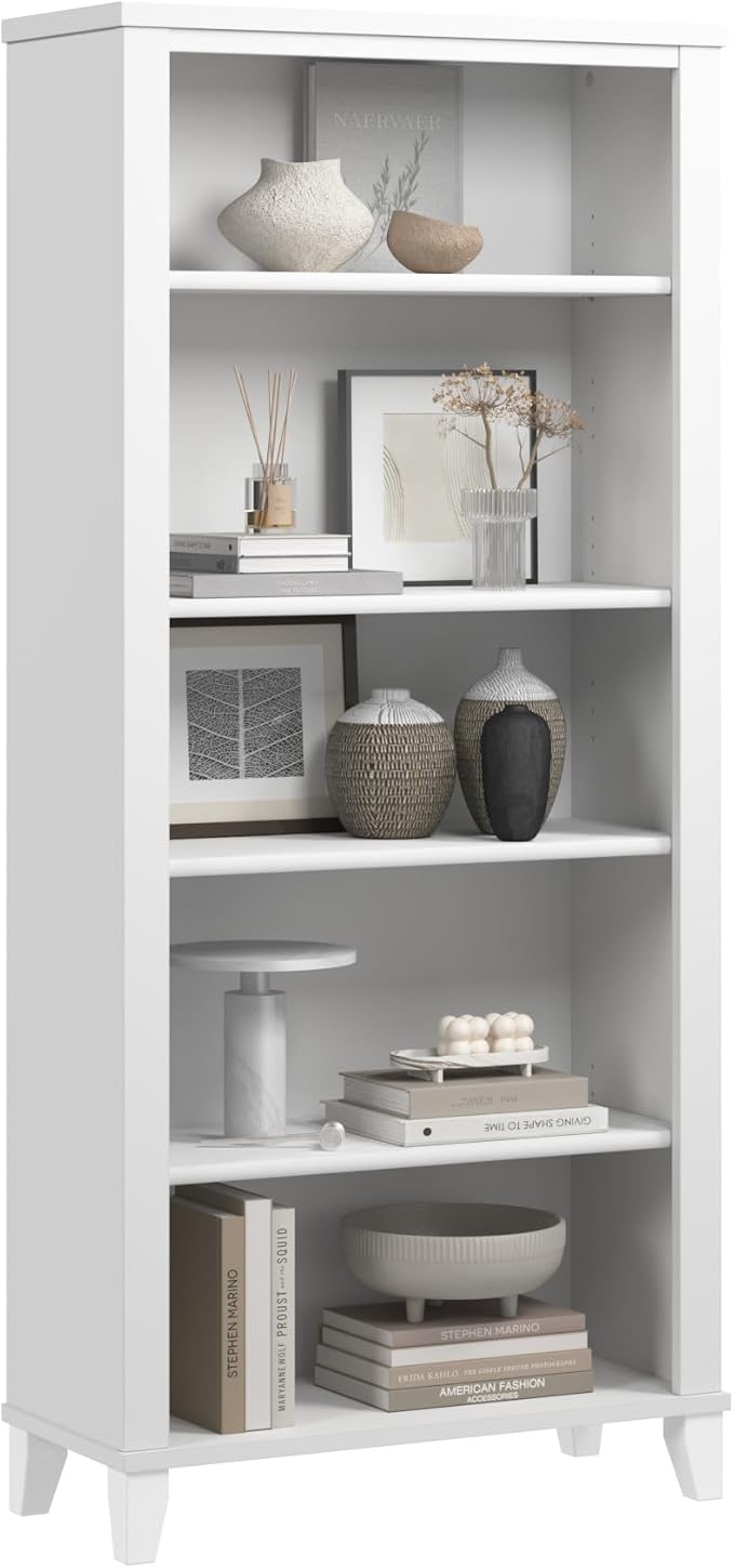 Bush Home Somerset 5 Shelf Bookcase in White, Tall Bookshelf, Large Book Shelf for Living Room, Home Office, or Entryway