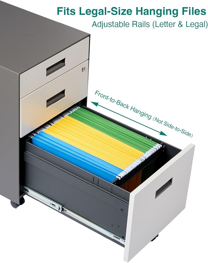 3 Drawer File Cabinet with Lock - Under Desk Metal Filing Cabinet, Legal/Letter File Folders, Wheels, Fully Assembled, White/Gray