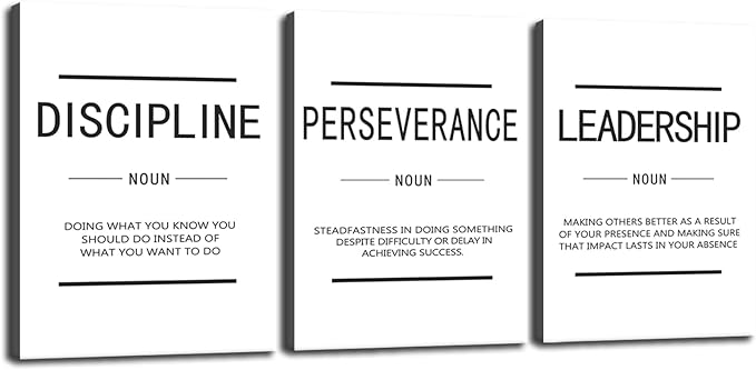 Motivational Painting Wall Art 3 Pieces Canvas Discipline Perseverance Leadership Noun Office Decor Print Inspirational Quotes for Wall Art Poster Living Room Gym Decor Framed[36''Wx 16''H]