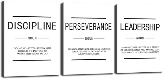 Motivational Painting Wall Art 3 Pieces Canvas Discipline Perseverance Leadership Noun Office Decor Print Inspirational Quotes for Wall Art Poster Living Room Gym Decor Framed[36''Wx 16''H]