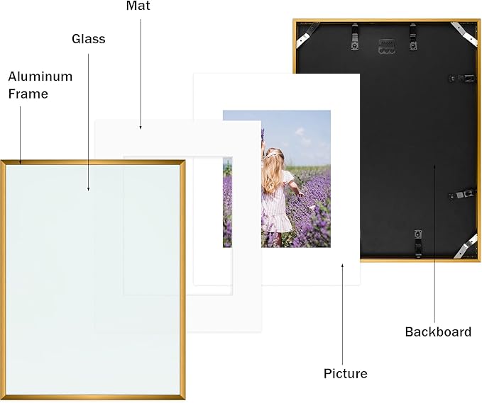 Golden State Art, Gallery Wall Frame Set of 6 - Bronze 12x16 Aluminum Photo Frames with Mat for 8.5x11 Pictures - 12 x 16 inch Metal Frame with Real Glass Cover - Elegant Home or Office Decor