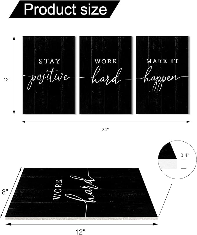 Inspirational Quotes Office Wall Art: Motivational Poster Positive Sayings Office Wall Decor, 3 Piece Black Motivation Picture Inspirational Prints 8x12"
