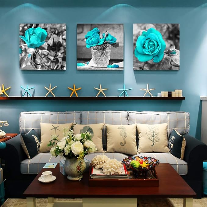 wall art for living room Black and white rose flowers Blue Big Canvas Prints Wall Decor Artwork 24" x 24" 3 Pieces Framed Watercolor Giclee with Black Border Ready to Hang for bedroom Home Decoration
