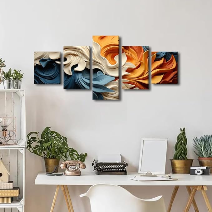 Wall Art Decor for Men Minimalist Abstract Canvas Wall Art Modern Colorful Waves Abstract Art Poster Prints on Canvas 5 Panel Living Room Decor Stretched and Framed Ready to Hang 50x24 in