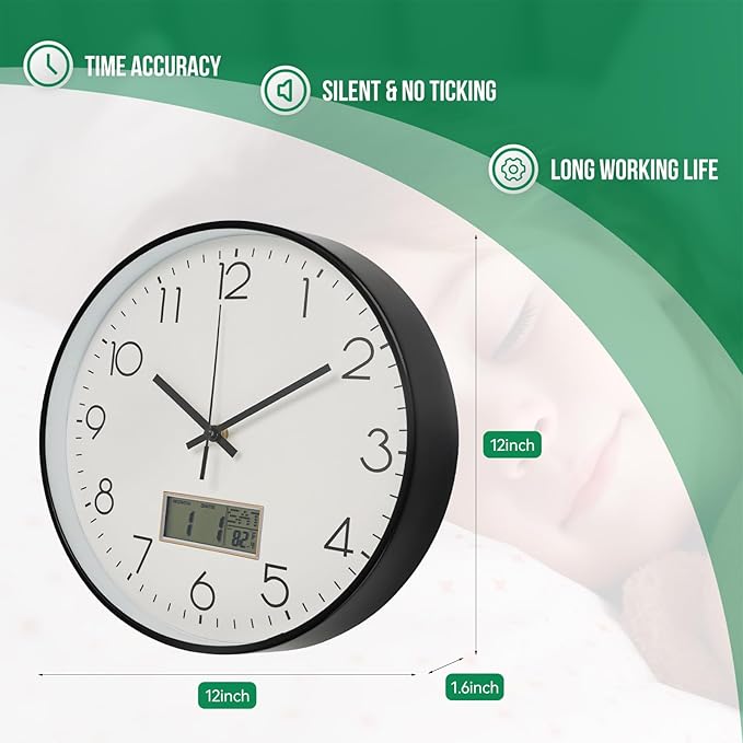 Wall Clock with LCD Display Non-Ticking Silent Quartz Movement Decor Clock with Perpetual Calendar and Temperature Modern Style Round Wall Clocks for Office/Living Room/Bedroom(White, 12inch)