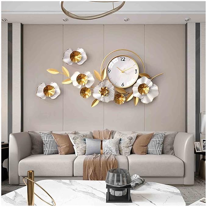 Wall Clock Large Decorative Hanging Wall Clocks,36.6 * 18.7in Wrought Iron Silent Non Ticking Ginkgo Leaf Wall Quartz Clock for Living Room Office Cafe Hotel,White Clock (White A)
