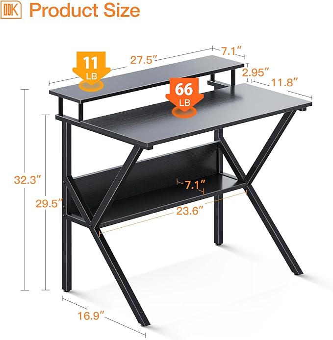 ODK Small Desk, 27.5 Inch Computer Desk for Small Spaces, Kids Desk with Storage, Study Table with Monitor Stand for Homeschool, Black