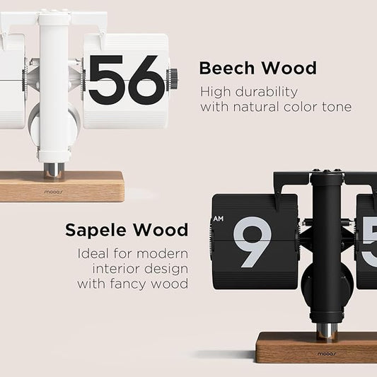 mooas Classic Modern Wood Mini Flip Desk Clock (Black), Retro Vintage Analog Design Auto Flip Clock Table Clock Large Number Battery Powered, Ideal for Home Office School Hotel Café