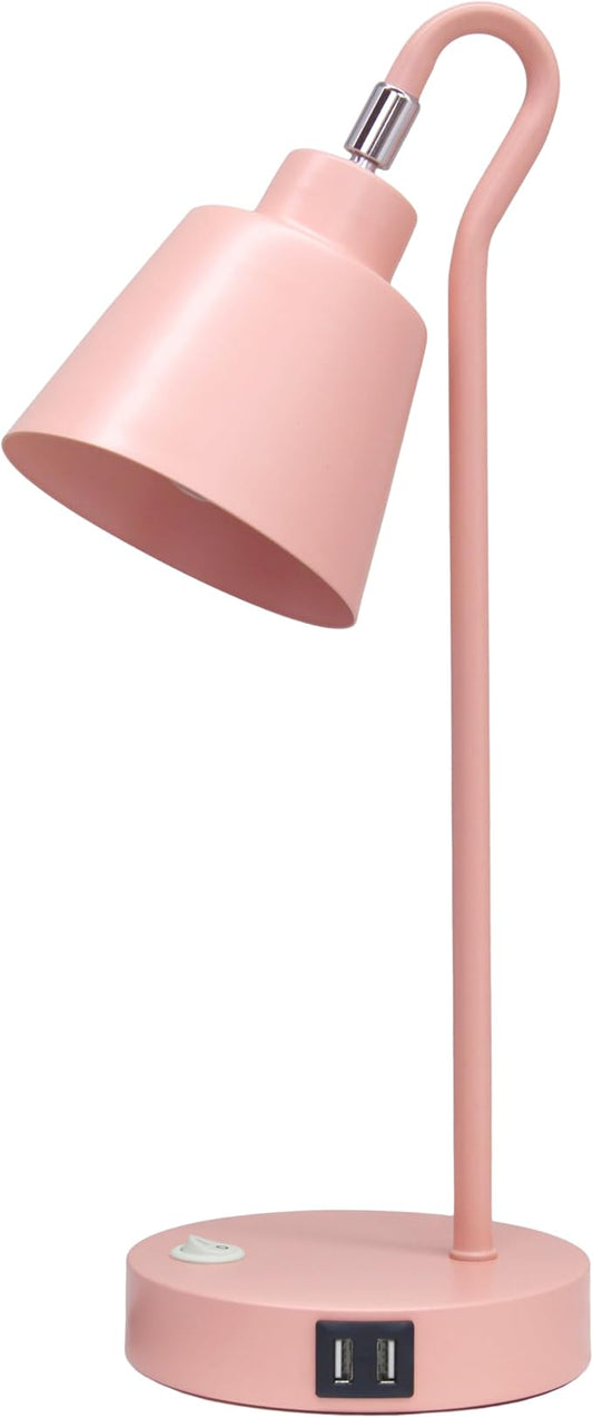 Simple Designs LD1073-BPK 16" Sleek Essentials Metal Looped Desk Task Lamp with Adjustable Shade and Dual USB Ports, for Office, Desk, Nightstand, Blush Pink