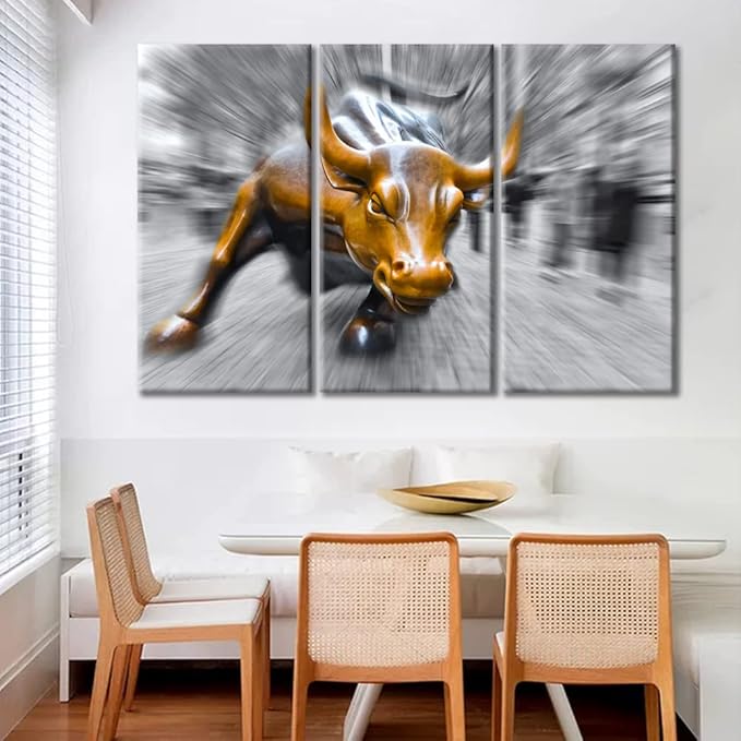 TUMOVO Black and White Bedroom Wall Decor Wall Street Bull Pictures 3 Panel Canvas Artwork Home Decor for Living Room Stretched and Framed Ready to Hang Posters and Prints - 60" Wx40 H