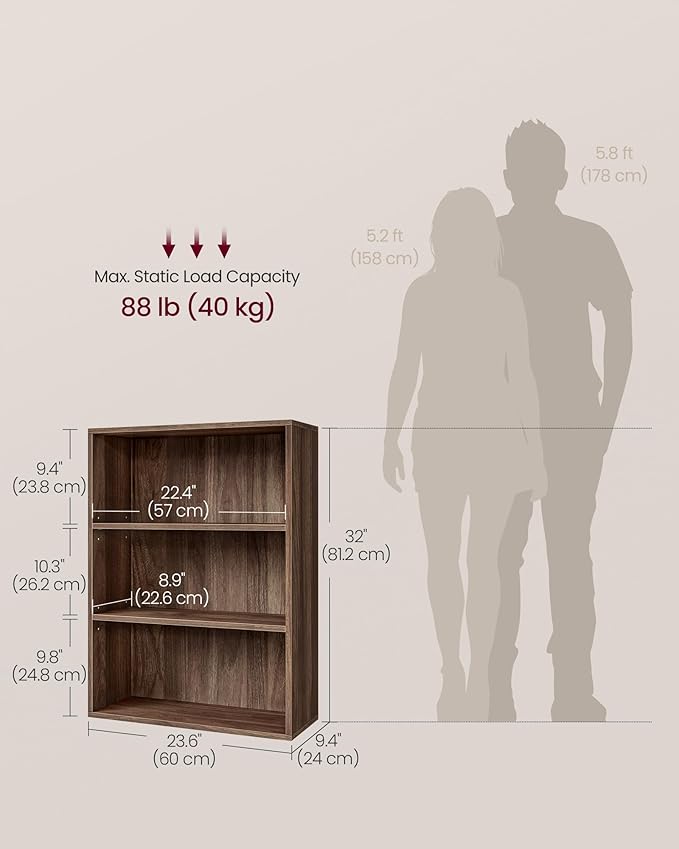 VASAGLE Custos Collection - Bookshelf, 3-Tier Bookcase, Book Shelf, Open Storage Shelf, 9.4 x 23.6 x 32 Inches, for Living Room, Home Office, Dining Room, Natural Walnut ULBC163K01