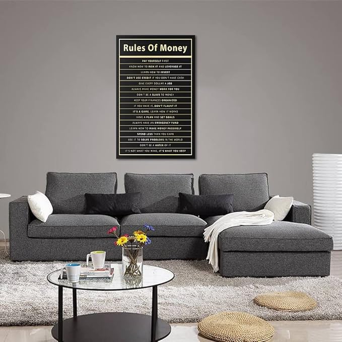 Rules Of Money Motivational Wall Art Canvas Print Office Decor Financial Poster Entrepreneur Millionaire Inspirational Quote Framed Easy to Hang-28 inch x 44 inch