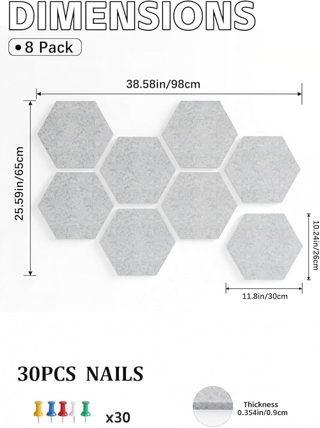 8 Pack Hexagon Felt Bulletin Board Tiles - 11.8" Large Thick Pin Board for Walls with 30 Push Pins, DIY Boards for Office Home School Decor, Aesthetic Hex Cork Board Alternative