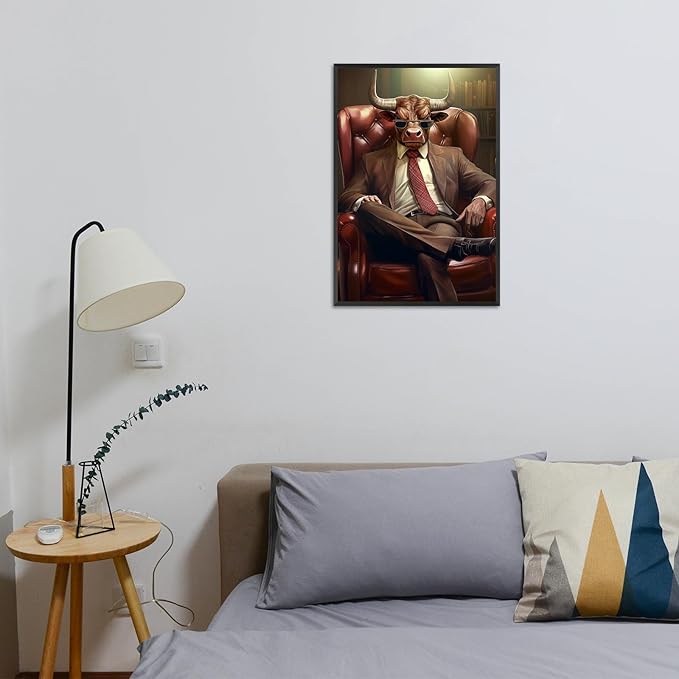Trendy Suit Animal Cow Portrait Wall Art Funny Boss Cow Canvas Posters Work Struggle Motivation Inspiring Prints Painting For Office Living Room Wall Decor 16x24in Framed