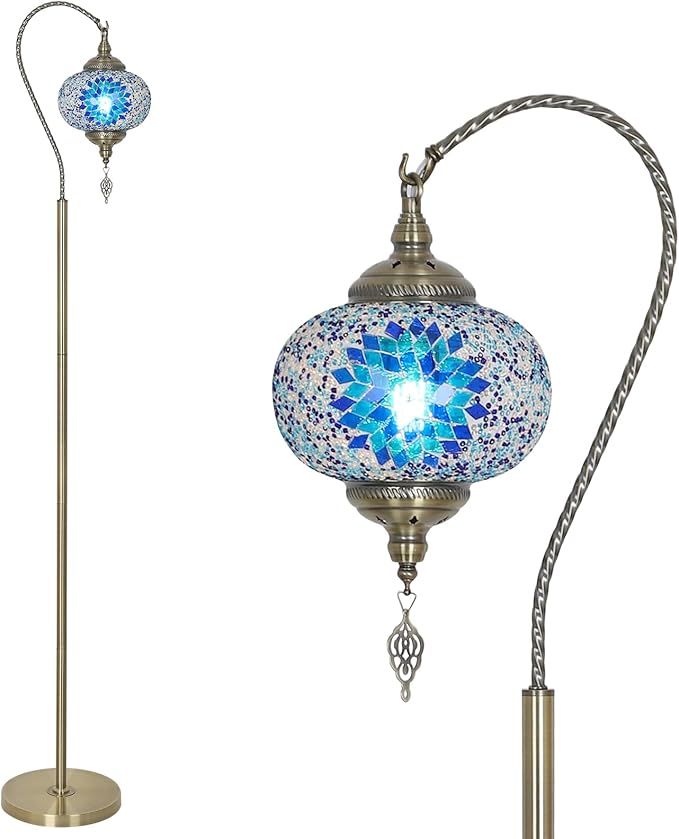 Turkish Moroccan Floor Lamp, Tiffany Lamp with Handmade Mosaic Glass Shade, Bronze Base, Swan Neck Tall Standing Lamps for Living Room Bedroom Corner Light Home Decor, Blue